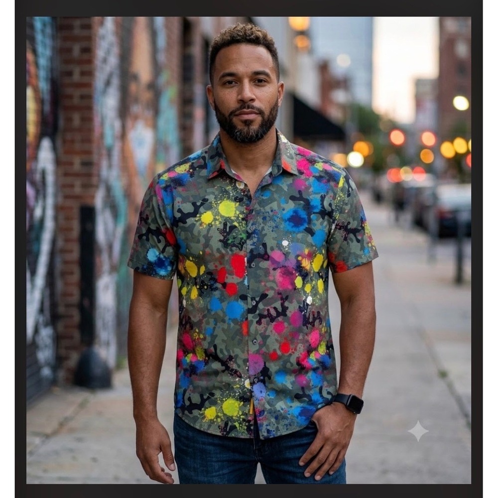 Oh Snap! Drill Clothing Co Mens Camo Neon Paint Splatter Stretch Shirt Large